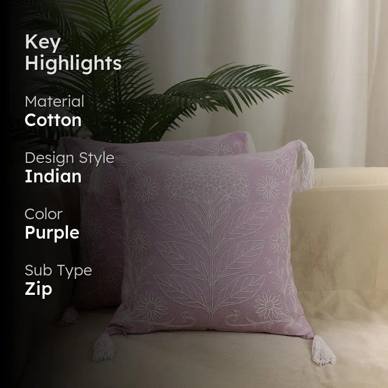 Floral Elegance Cotton Cushion Cover (Purple) - Set of Two media 2