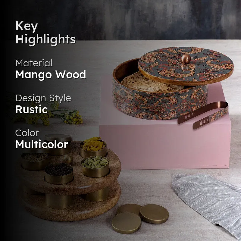 Opulix Mango Wood Round Masala Box - Three Piece Set media 2