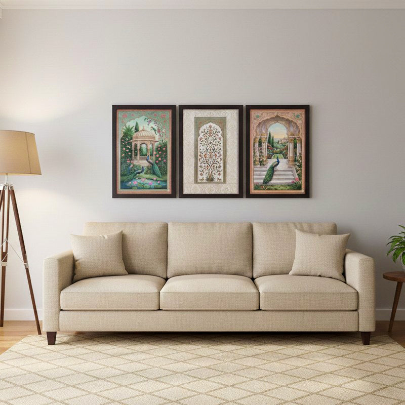 Ornate Arch & Palace Wall Painting With Frame - Set Of Three