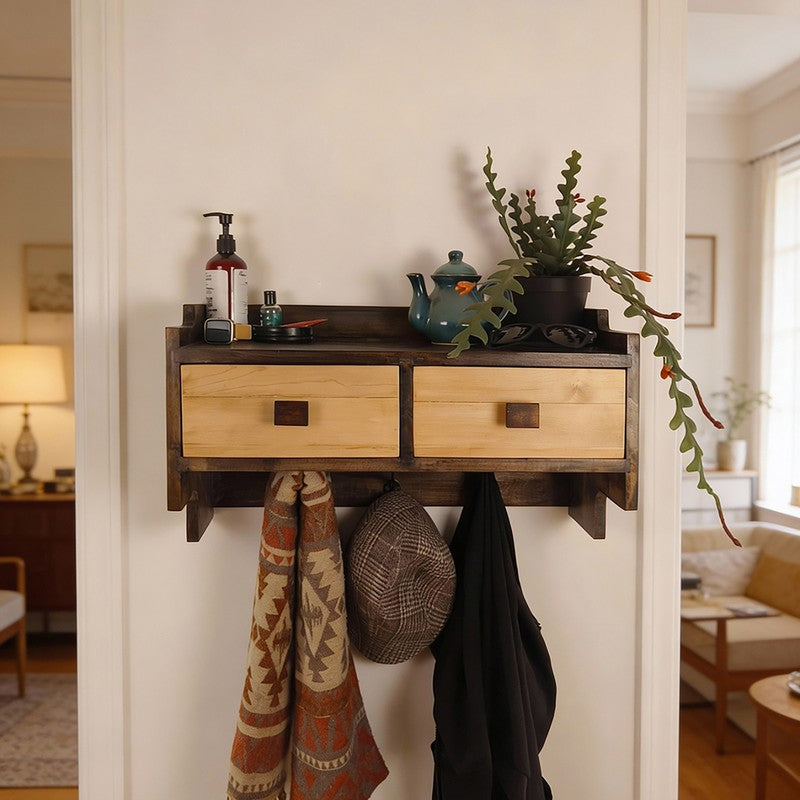 Sycamore OAK Wooden Wall Shelf with Drawers & Key Holders
