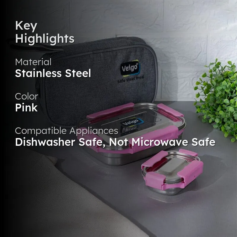 Tasteo Pack Pink Lunch Box With Insulated Pouch (800/150 mL) - Two Piece Set media 2