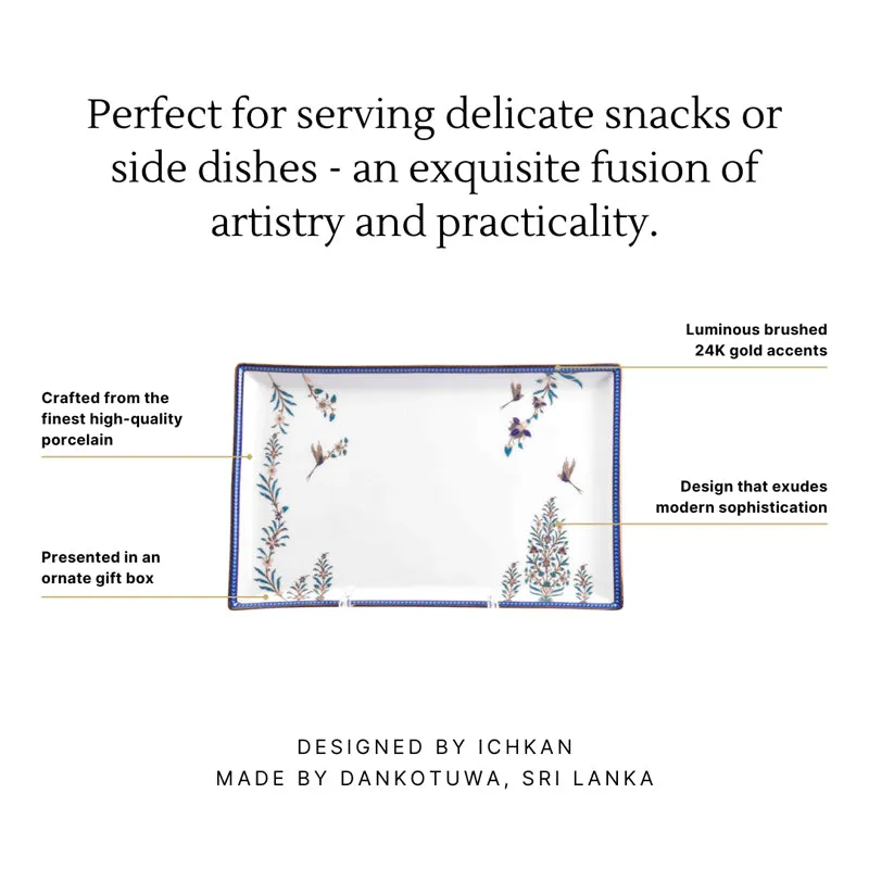 Porcelain platter shown with floral artwork, 24k gold accents and contemporary design callouts