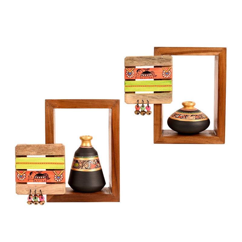 Pankhuri Terracotta & Wood Wall Shelve With Pot - Four Piece Set media 7