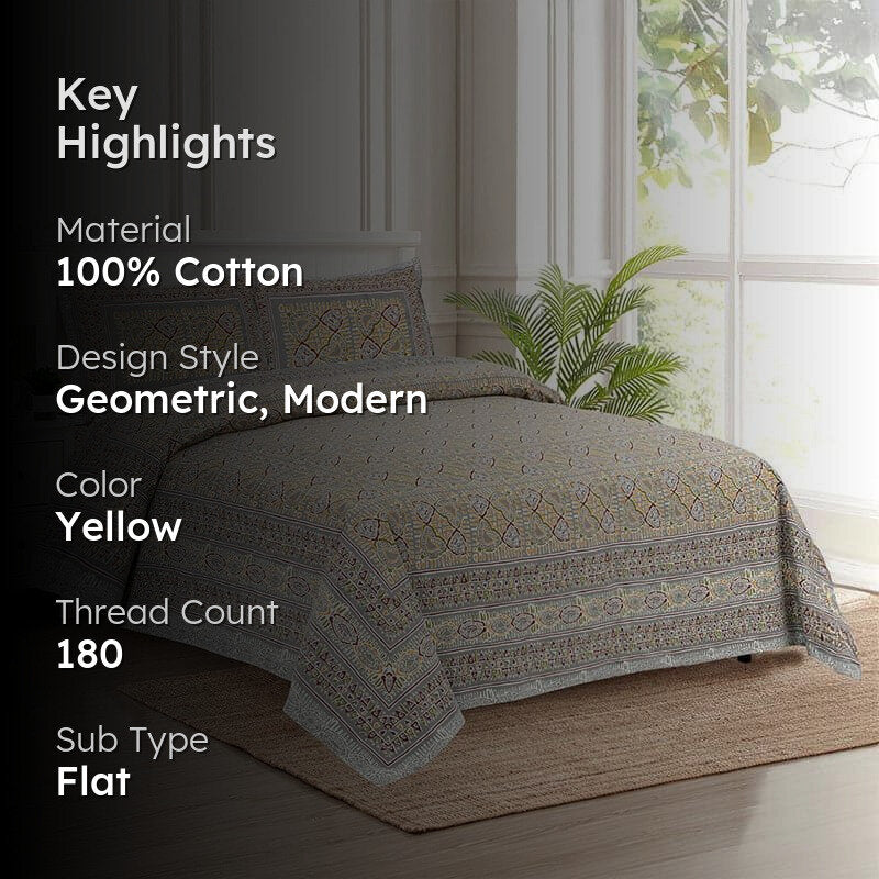 Seijun Mural Cotton Bedsheet (Yellow) - 180 TC media 2