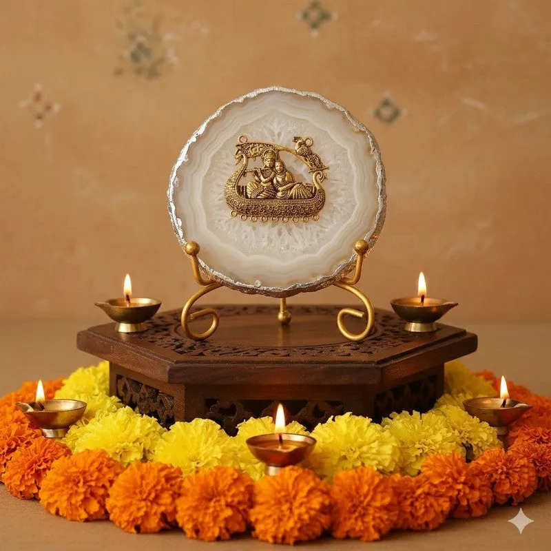 Radhe Krishna Bliss Agate Showpiece With Stand - White media 1