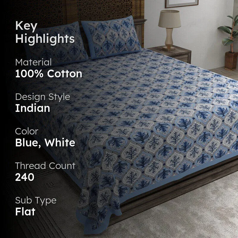Nesty Cotton Bedsheet (Blue,White) - 240 TC media 2