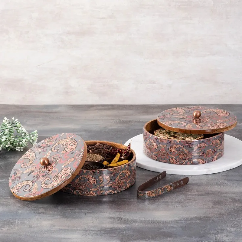Crafta Mango Wood Round Masala Box - Three Piece Set media 1