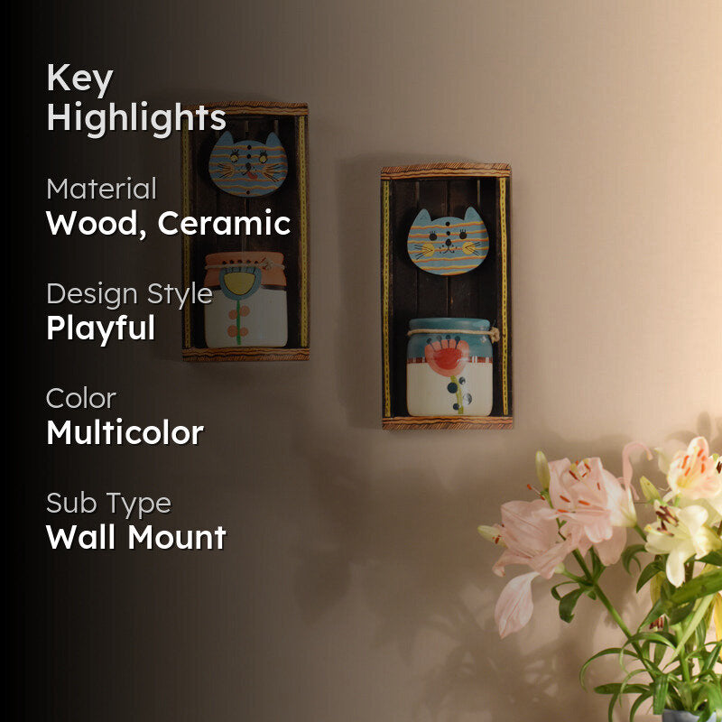 Cat Art Wood & Ceramic Wall Shelf - Set Of Two media 2