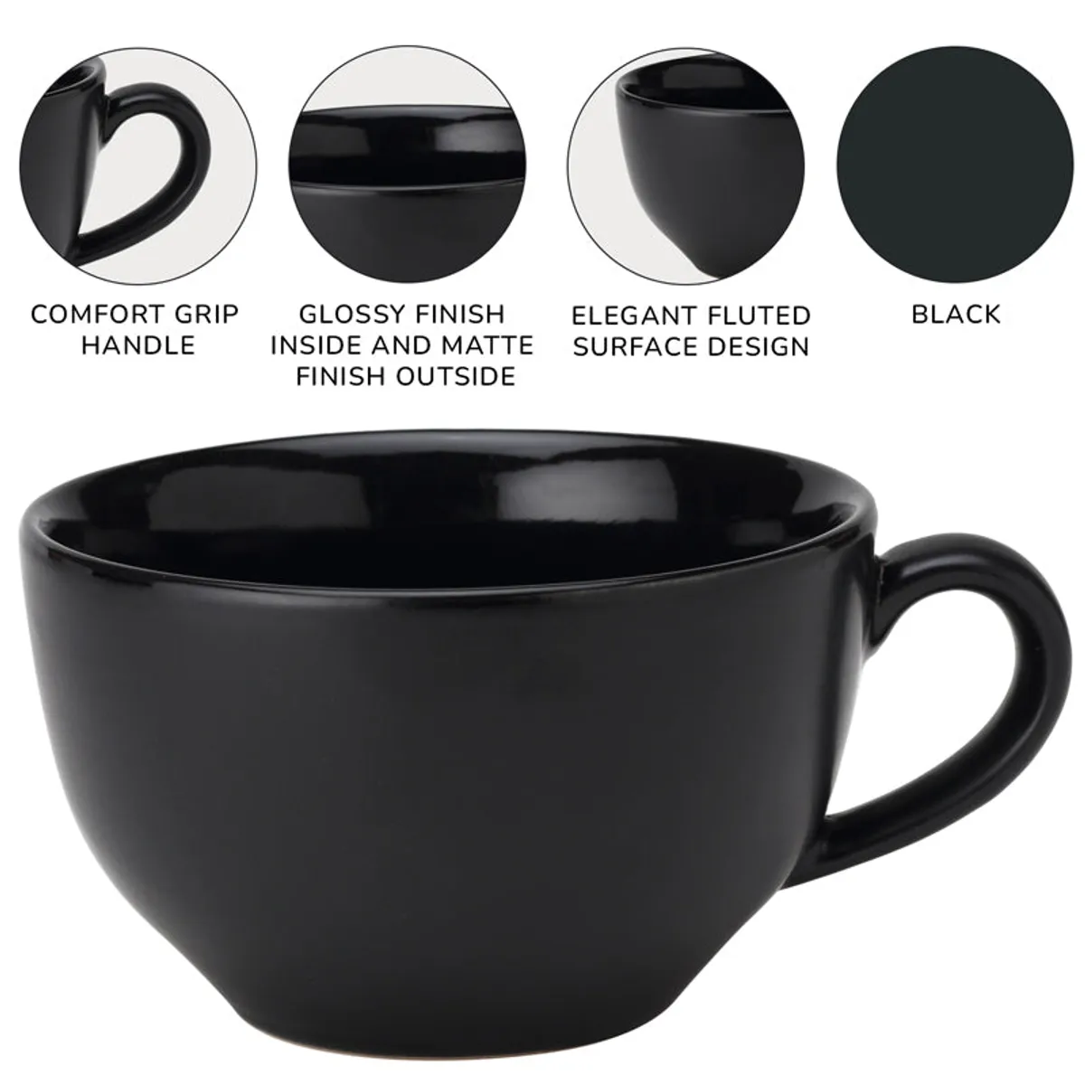 Close view of black mug handle, glossy interior and textured outer surface