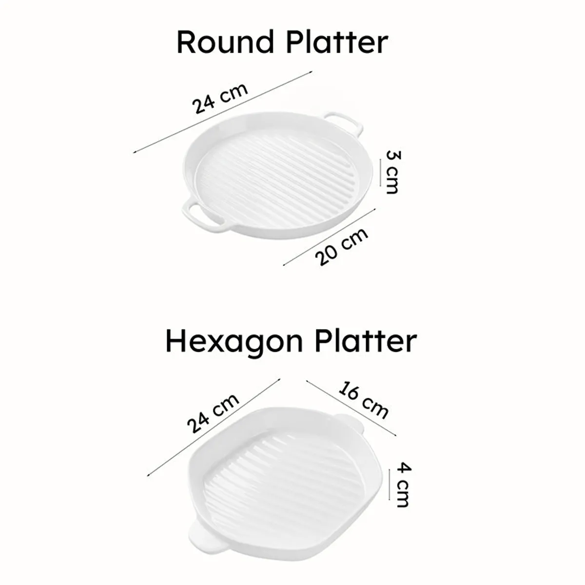 Dimension diagram showing the round and hexagon platter sizes
