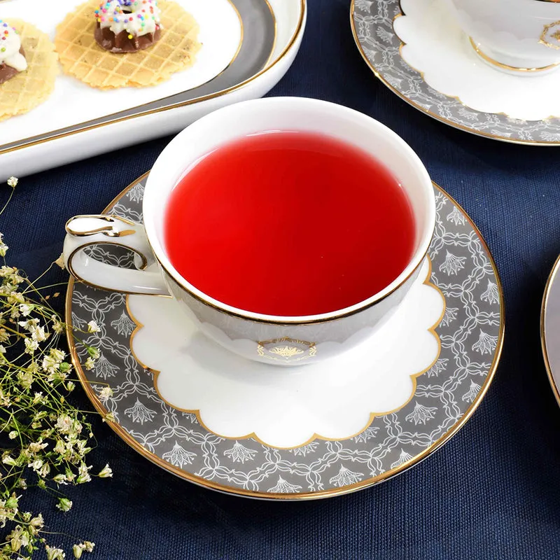 Gilded Legacy 24k Gold Brushed Porcelain Tea Cup & Saucer (Grey/ 300 mL) - Set of Six media 4