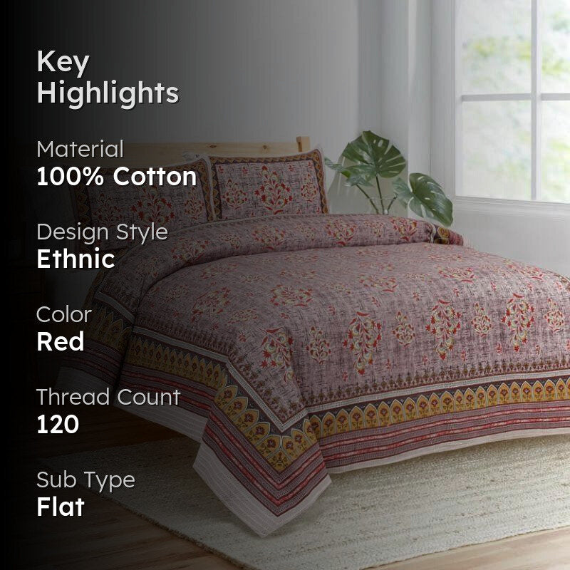 Floral Kaleidoscope Cotton Bedsheet (Red) - 120 TC media 2