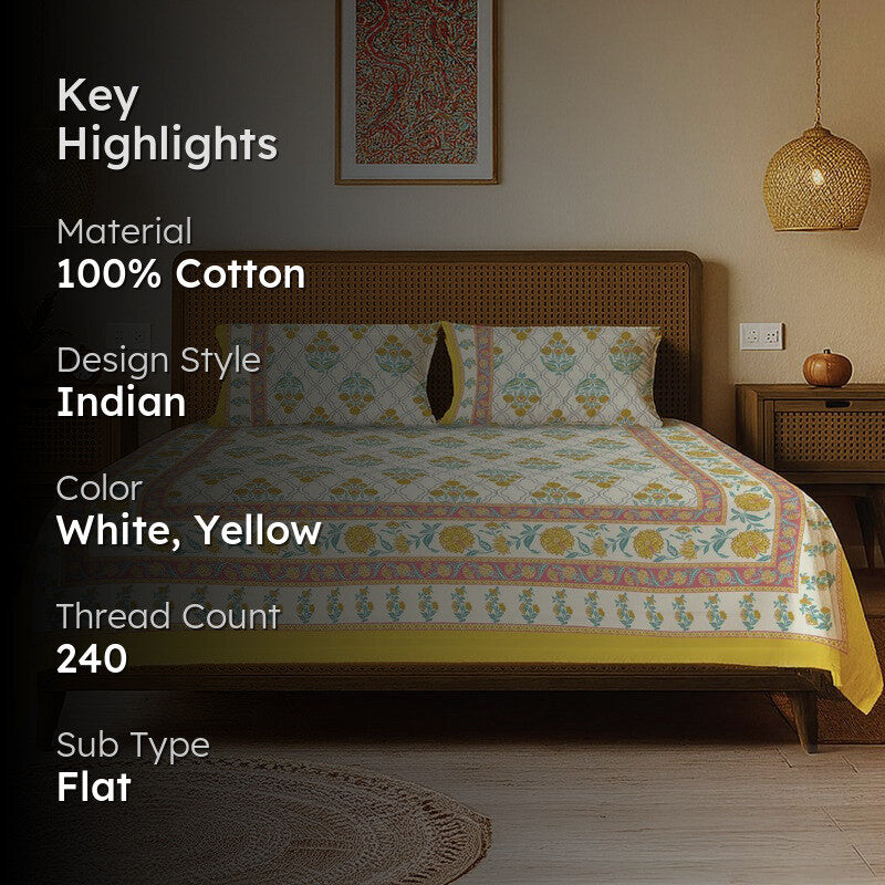 Urban Space Botanical Charm Cotton Bedsheet (Yellow) - 240 TC media 2