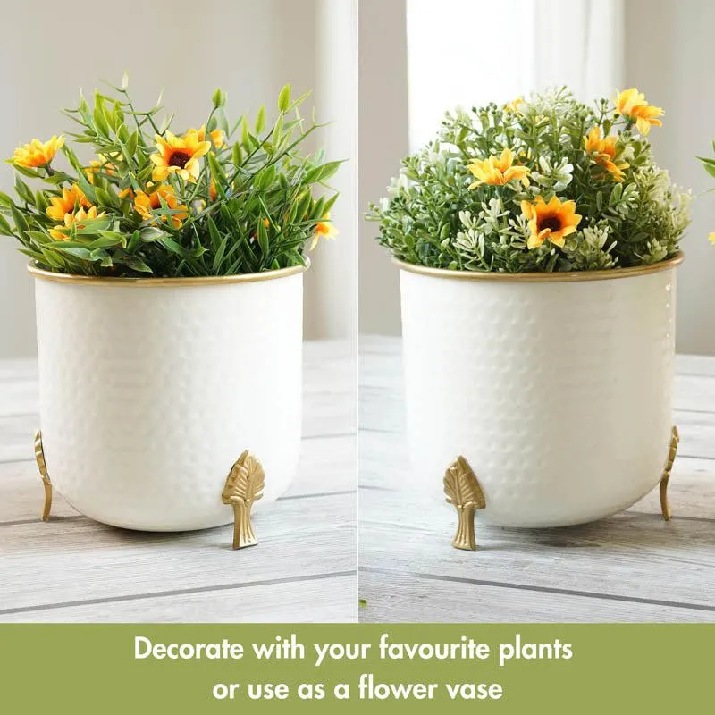 Aurea Metal Hammered Gold Rim Leaf Leg Planter - White media 4