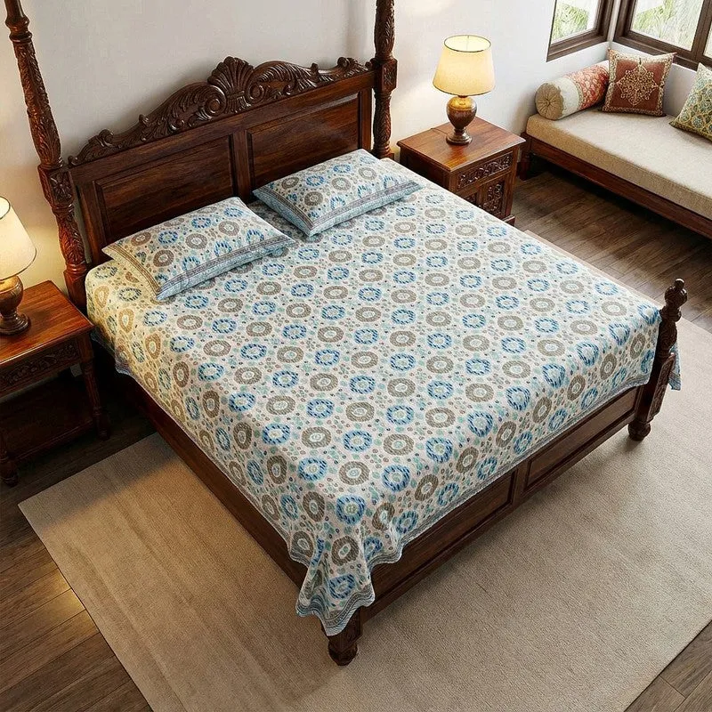 Sienna Ethnic Cotton Bedsheet (Blue) - 180 TC media 1