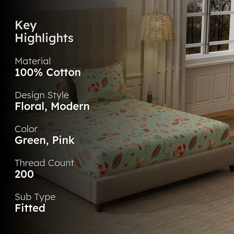 Urban Space Florence Sage Green Cotton Bedsheet - 200 TC media 2