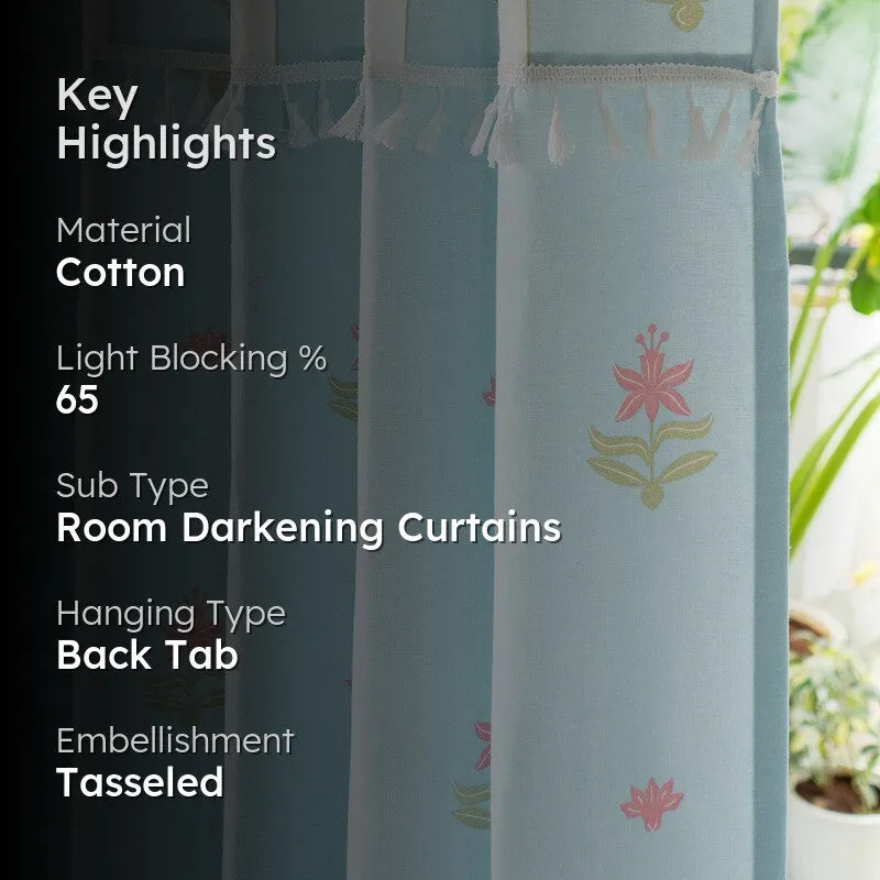 Tranquebar Home Secret Garden Cotton Curtains(Blue) - Set Of Two media 2