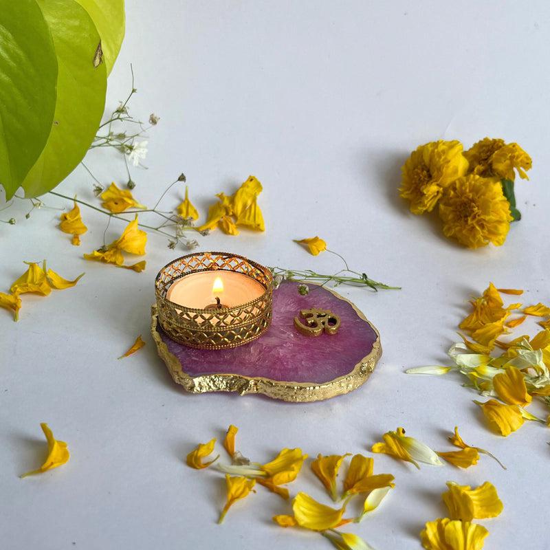 Om Handcrafted Agate Tealight Candle Holder - Pink