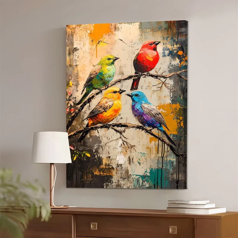 Colourful bird canvas wall art displayed above a wooden console table