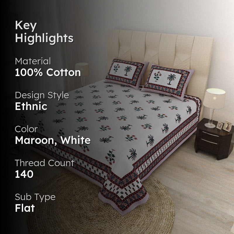 Palm Fields Printed Cotton Bedsheet (Maroon) - 140 TC media 2