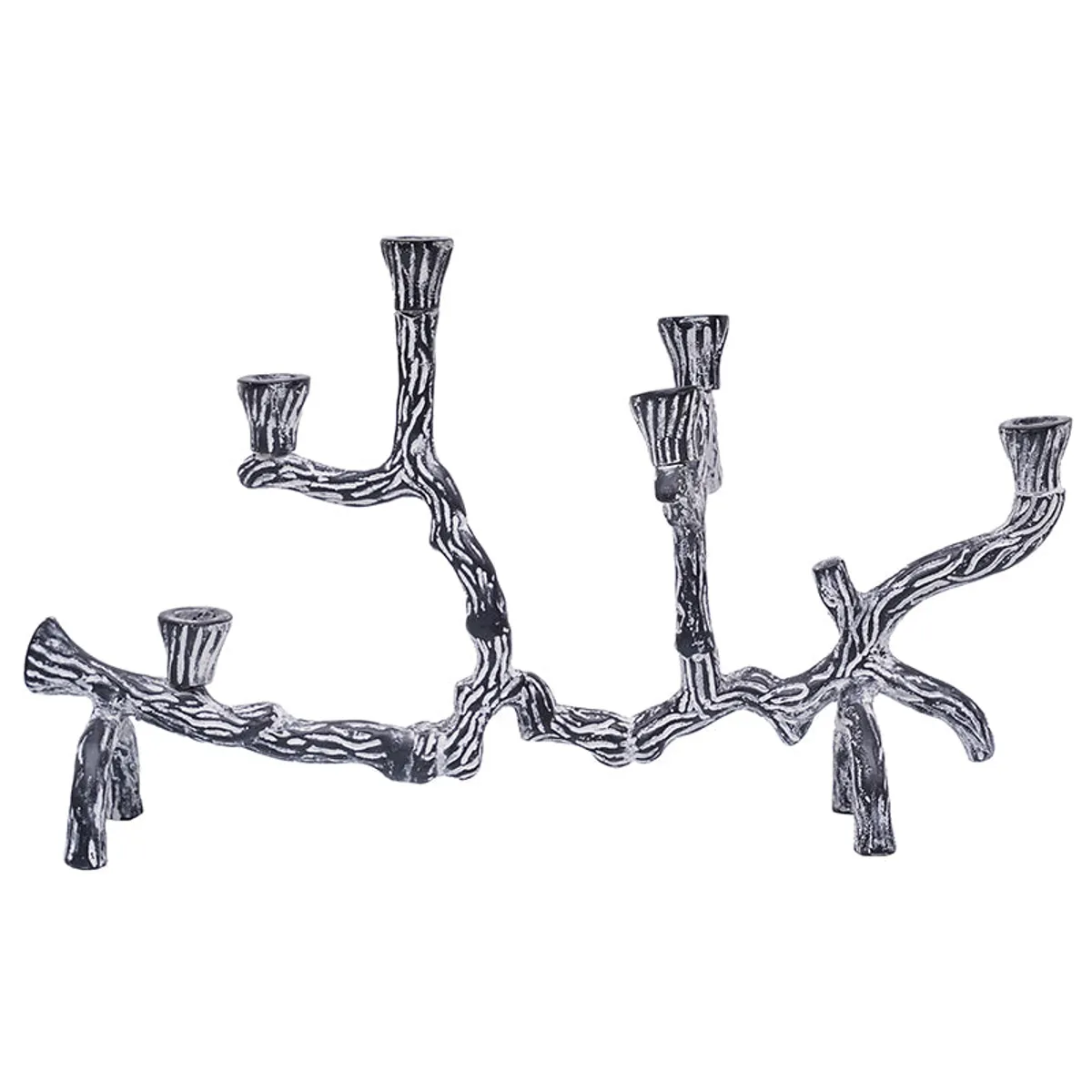 Black branched metal candle holder with multiple candle cups on a white background