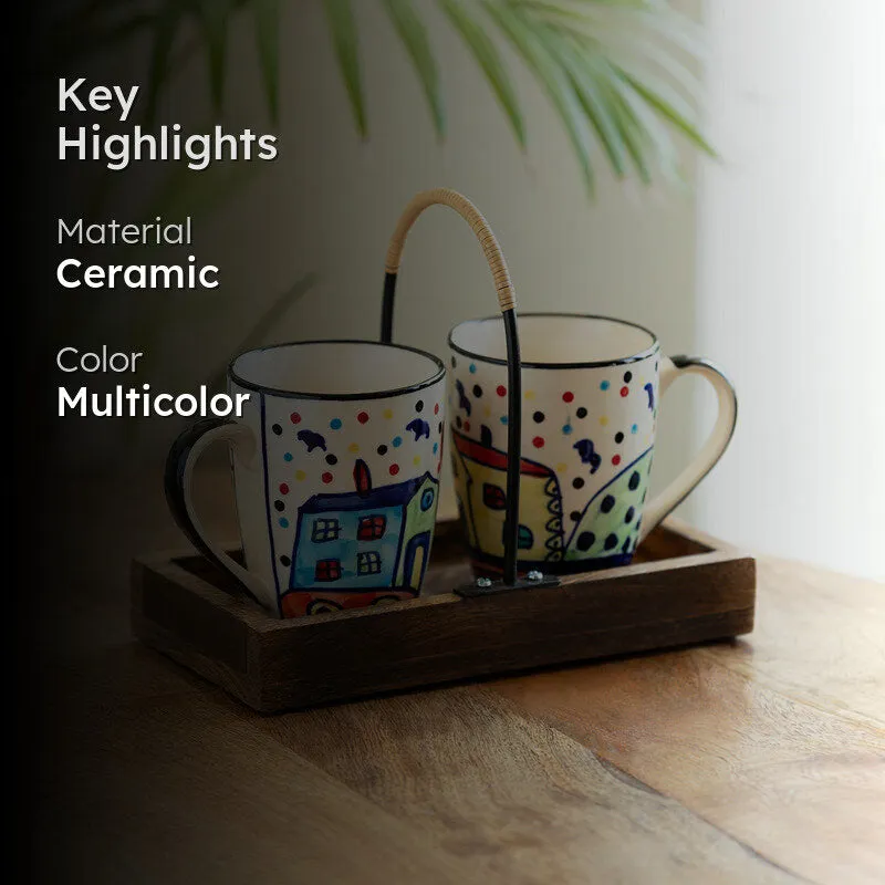 Coastal Cottage Handpainted Ceramic Coffee Mug With Tray (270 ML) - Three Piece Set media 2