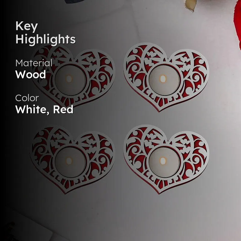 Intricate Heart Wood Tea Light Holder (Red) - Set Of Four media 2
