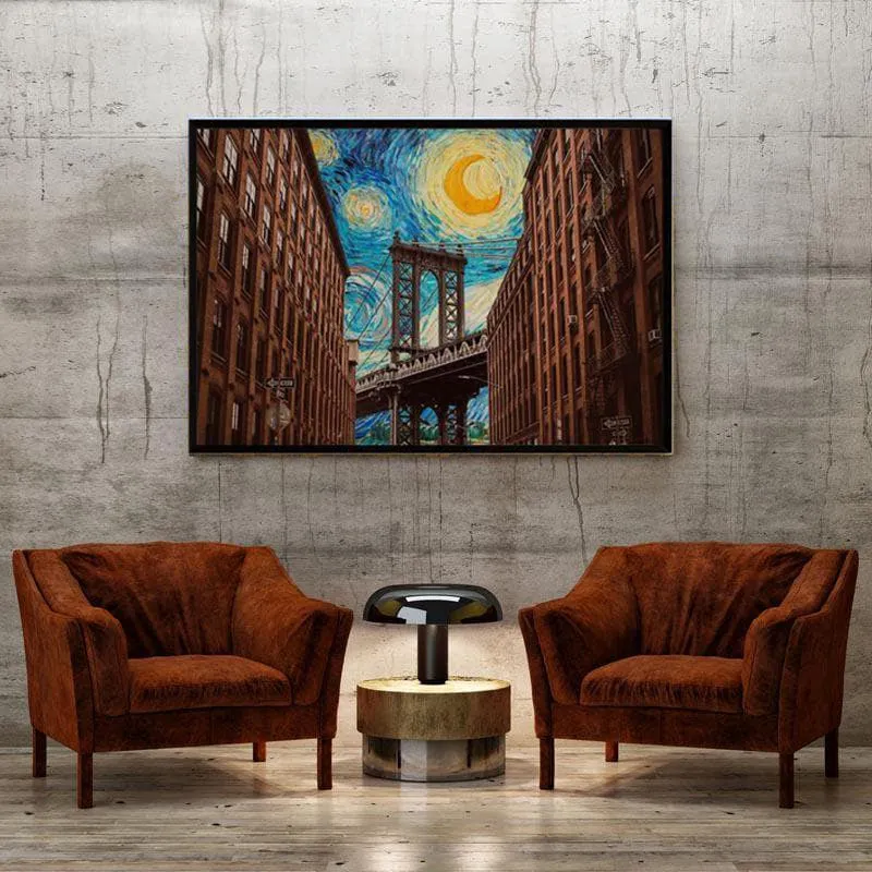 Brooklyn Bridge Starry Night Mixed By Vincent Van Gogh - Black Frame media 4