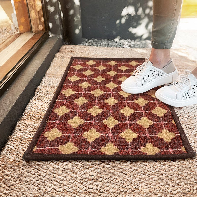 Zylo Geometric Nylon Door Mats - Maroon,Beige - 57 x 37 cms