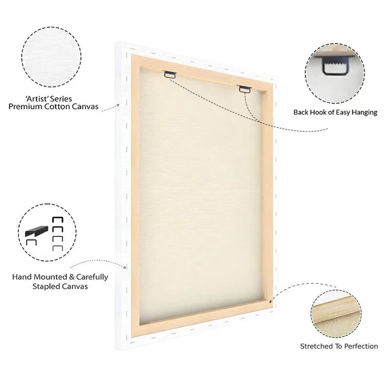 Rear view of stretched canvas with wooden frame and hanging hooks