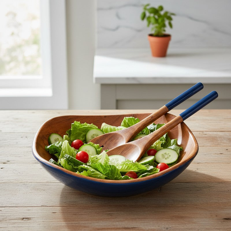 Azure Wood Salad Bowl with Serving Spoons (1000 mL) - Three Piece Set