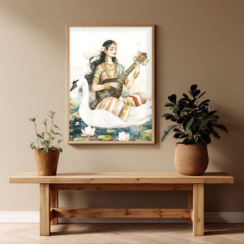 Hamsavahini Saraswati Spiritual Archival Paper Wall Painting - Natural Brown Frame