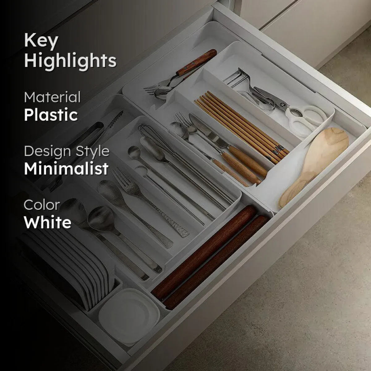 White cutlery tray shown in a kitchen drawer with key product highlights