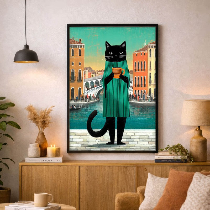 Chromatic Cat Wall Painting With Frame