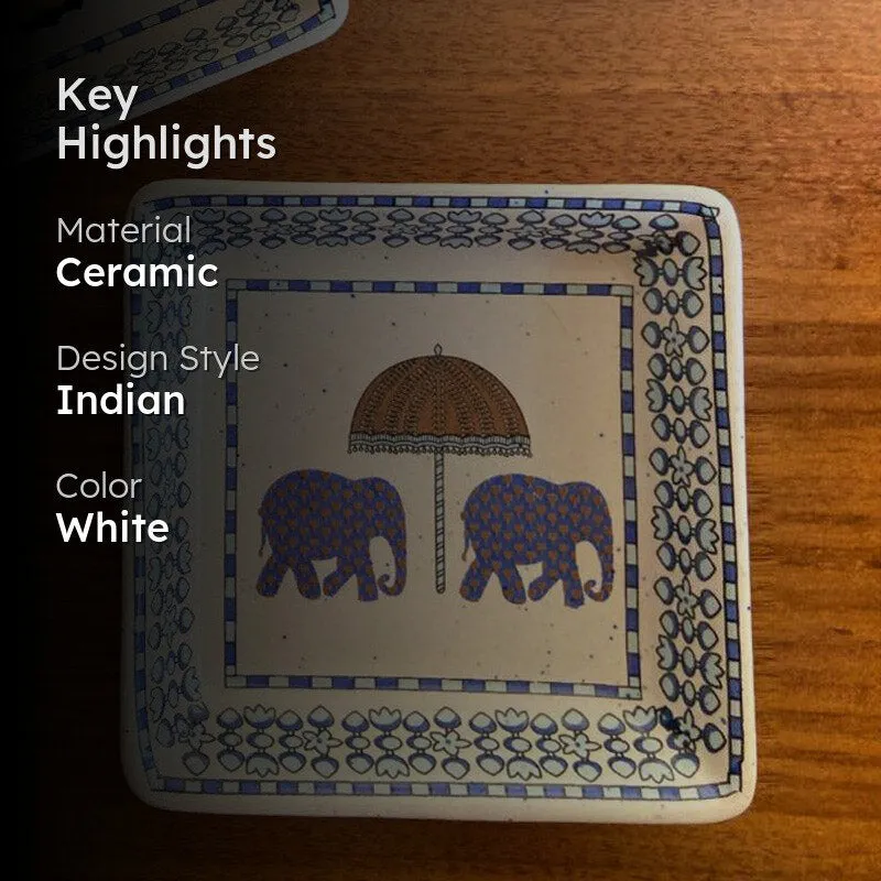 Square elephant-motif platter shown with ceramic material and Indian design highlights