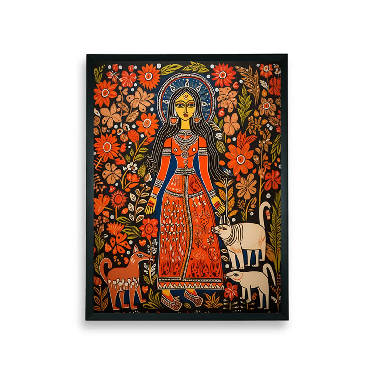 Close-up of framed tribal woman artwork with floral and animal motifs