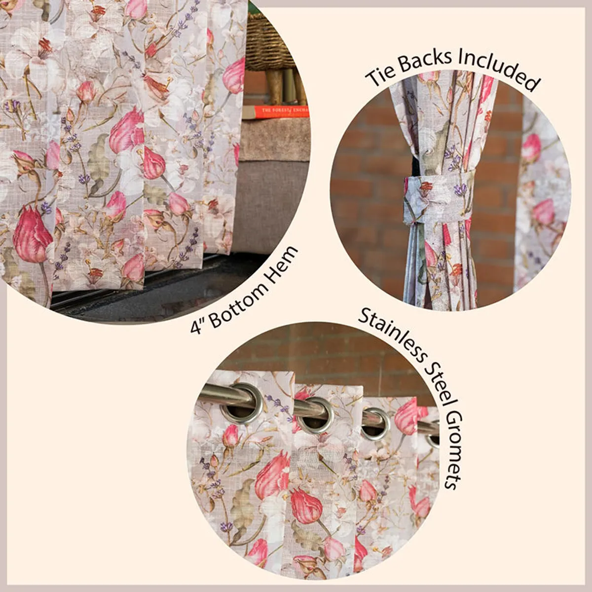 Floral curtain detail showing eyelets and a gathered tie-back.