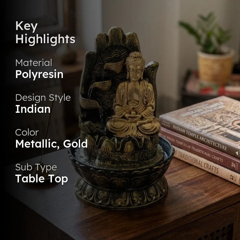 Key highlights graphic beside the Buddha fountain on a wooden table