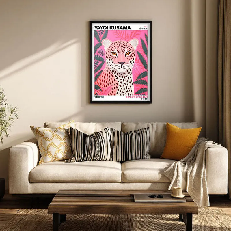 Sweet Cheetah Inspired by Yayoi Kusama Archival Canvas Wall Art - Black Frame media 1