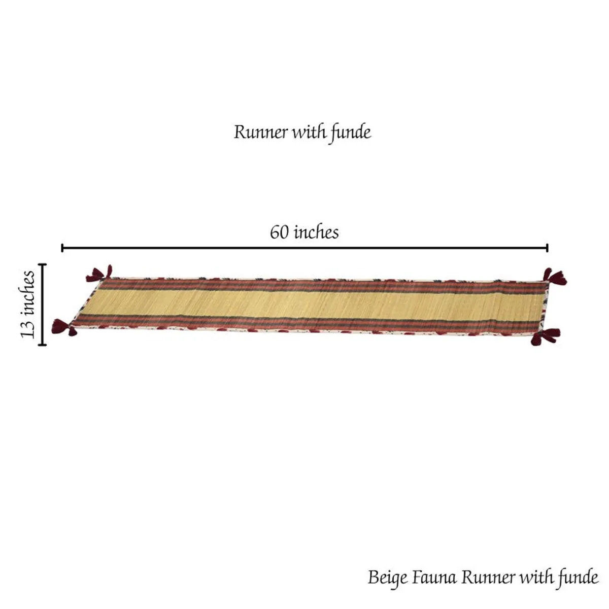 Beige and red table runner shown lengthwise with red tassels at the corners