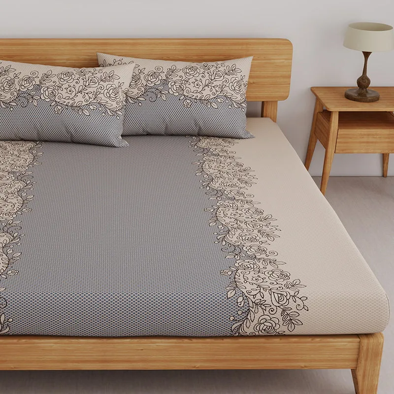 Earthen Flowers Fitted Microfiber Bedsheet (Grey) - 150 GSM media 4