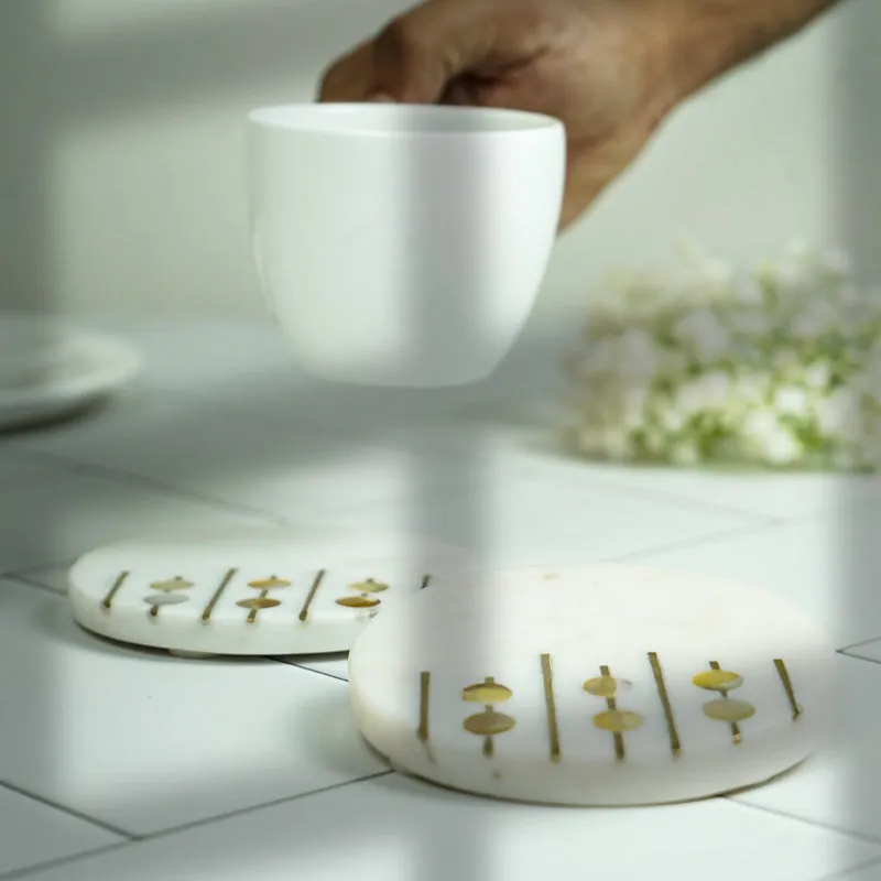 Pearl Charm Marble Coaster With Brass Inlay (White) - Set Of Two media 6