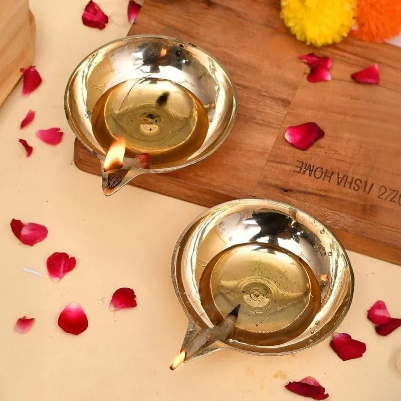 Sanecha Gold Finish Brass Diya - Set Of Two media 1