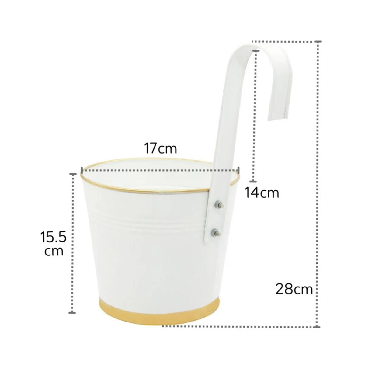White hanging planter with visible dimensions and a curved hanging bracket.