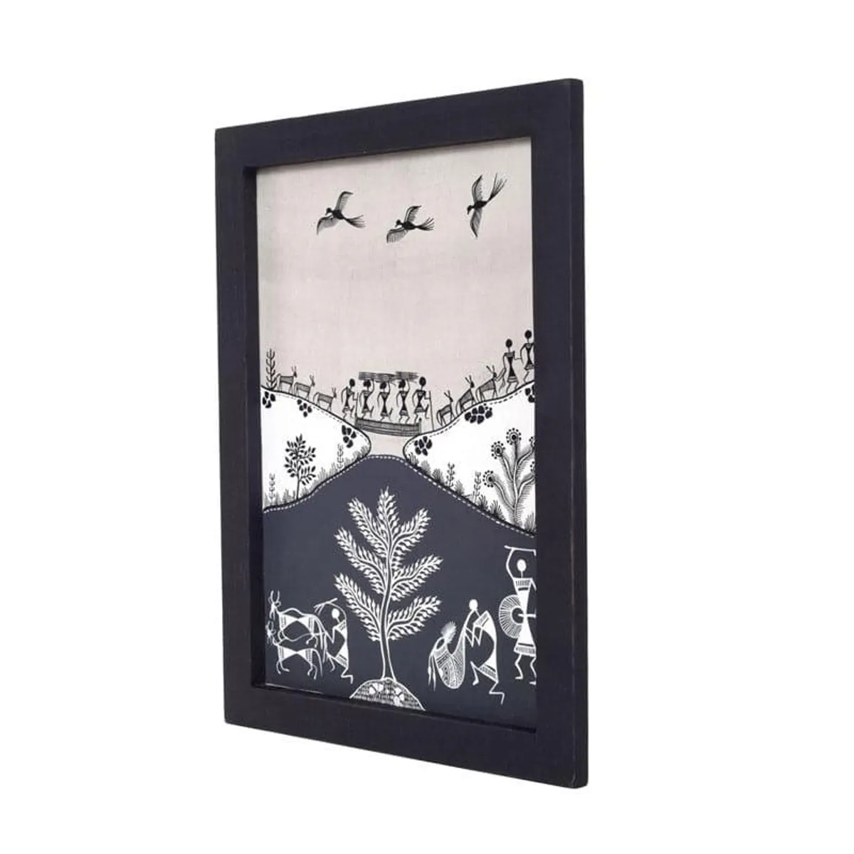 Angled view of framed tribal canvas wall art in portrait format