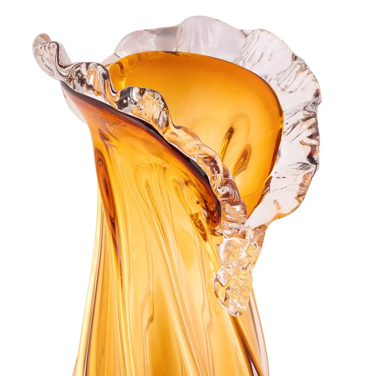 Close-up of the ruffled rim of a gold glass vase