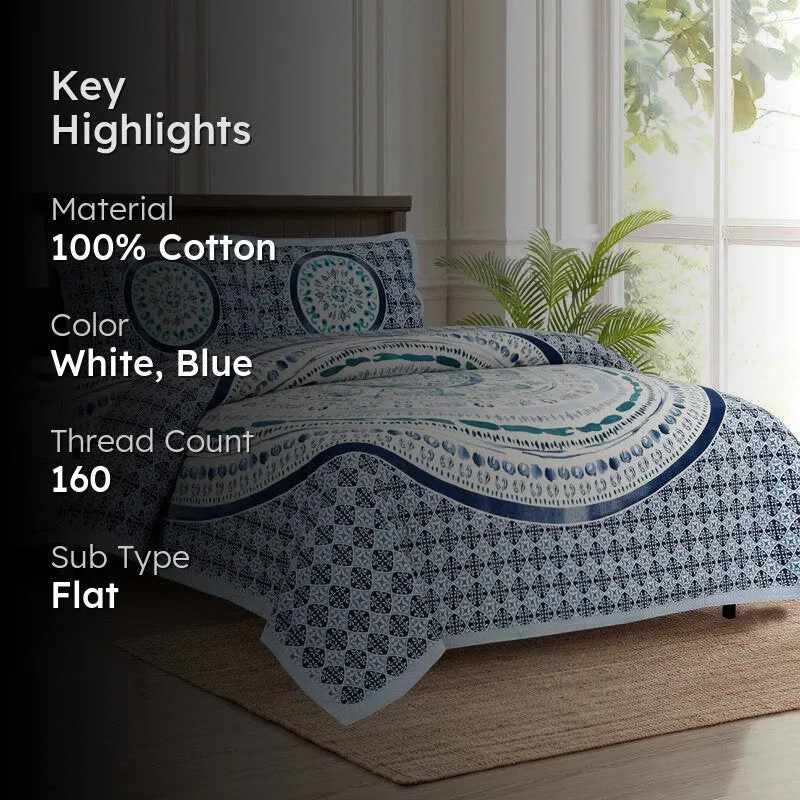 Mekhala Ethnic Cotton Flat Bedsheet (White & Blue) - 160 TC media 2