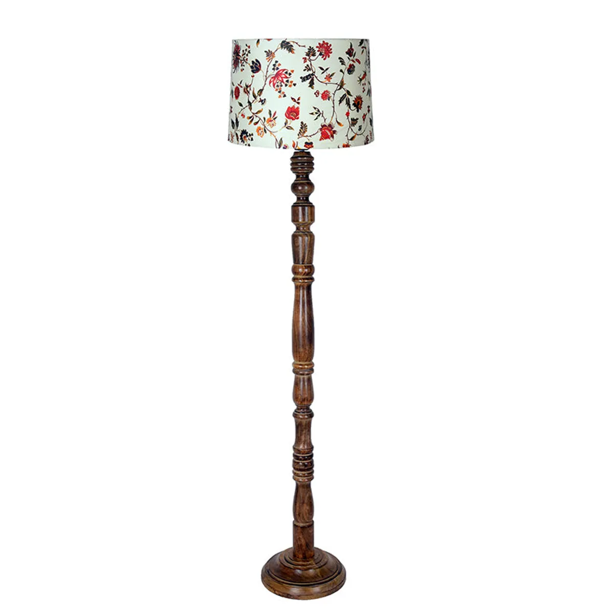 Brown wooden floor lamp with a blue floral cylindrical shade