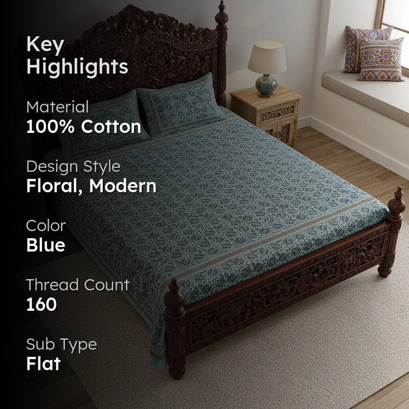 Sadhana Cotton Bedsheet (Blue, Grey) - 180 TC media 2