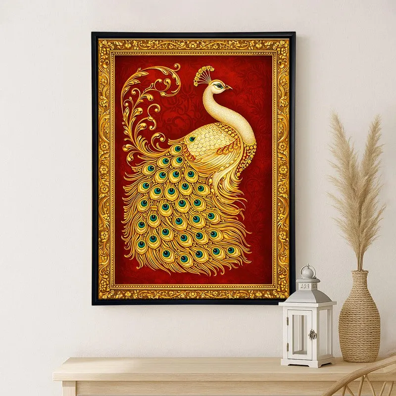 Tanjore Golden Peacock Canvas Wall Painting With Frame media 4
